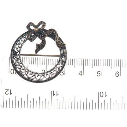 925 Sterling Silver 2-Tone Antique Art Deco Flower Bow Filigree Pin Brooch
