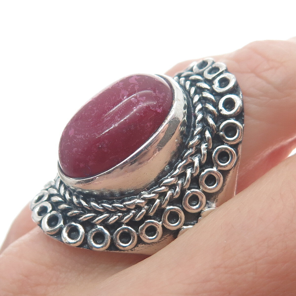 925 Sterling Silver Vintage Real Rhodonite Circle Link Oxidized Ring Size 9