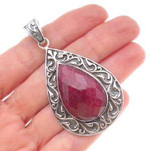 Samuel Benham Sterling Silver Vintage Real Ruby Floral Scroll Oxidized Pendant
