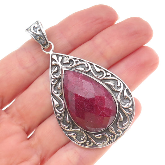 Samuel Benham Sterling Silver Vintage Real Ruby Floral Scroll Oxidized Pendant