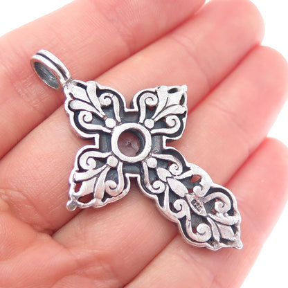 925 Sterling Silver Vintage Real Amethyst Floral Cross Oxidized Pendant