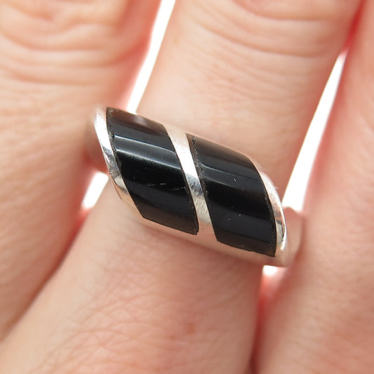 925 Sterling Silver Vintage Mexico Real Black Onyx Modernist Ring Size 6.25