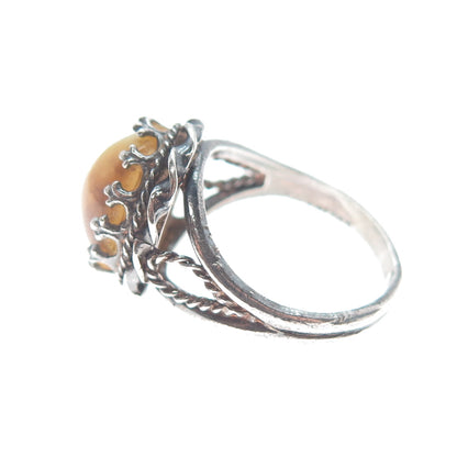 925 Sterling Silver Vintage Real Tiger Eye Crown Roped Oxidized Ring Size 6.75