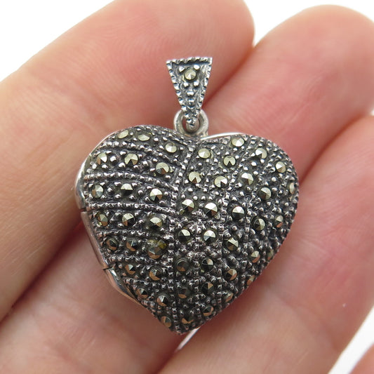 925 Sterling Silver Vintage Real Marcasite Heart Locket Pendant