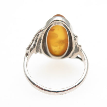 925 Sterling Silver Vintage Real Amber Modernist Ring Size 8.25