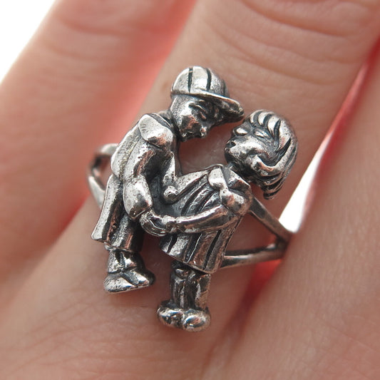 925 Sterling Silver Vintage Boy & Girl Couple Movable Heads Ring Size 6.5
