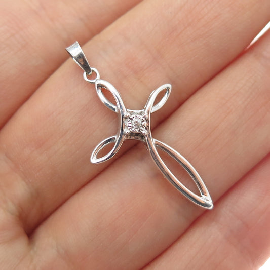 925 Sterling Silver Real Round-Cut Diamond Cross Charm Pendant