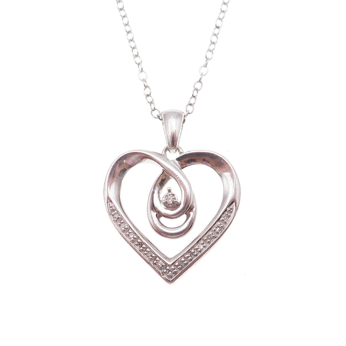 925 Sterling Silver Real Round-Cut Diamond Heart Cable Chain Necklace 18"