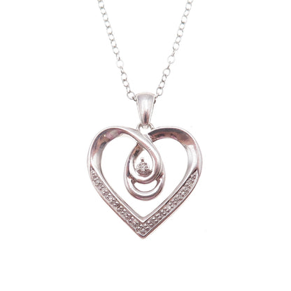 925 Sterling Silver Real Round-Cut Diamond Heart Cable Chain Necklace 18"