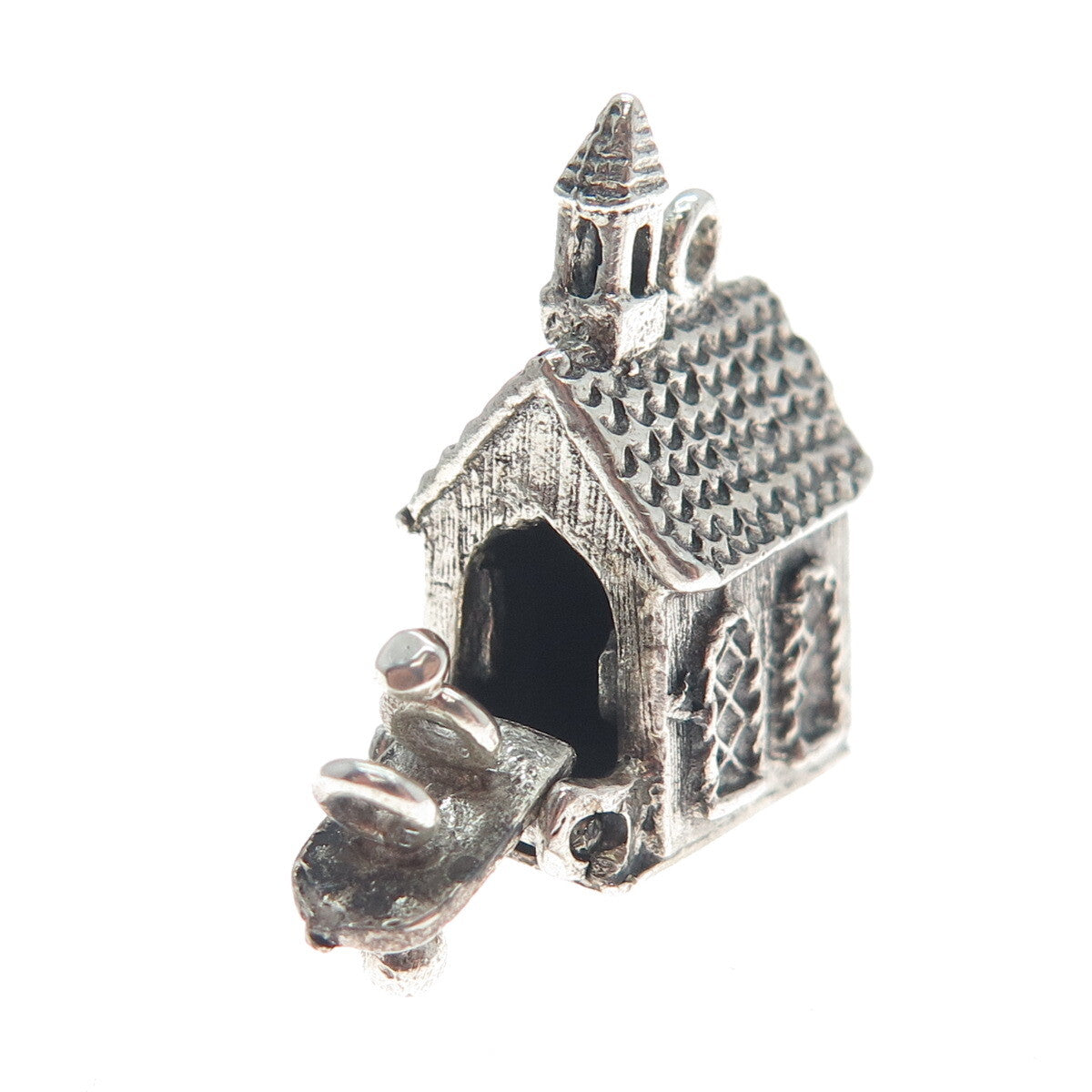 DANECRAFT Sterling Antique Church Opens With Wedding Rings Mini 3D Charm Pendant