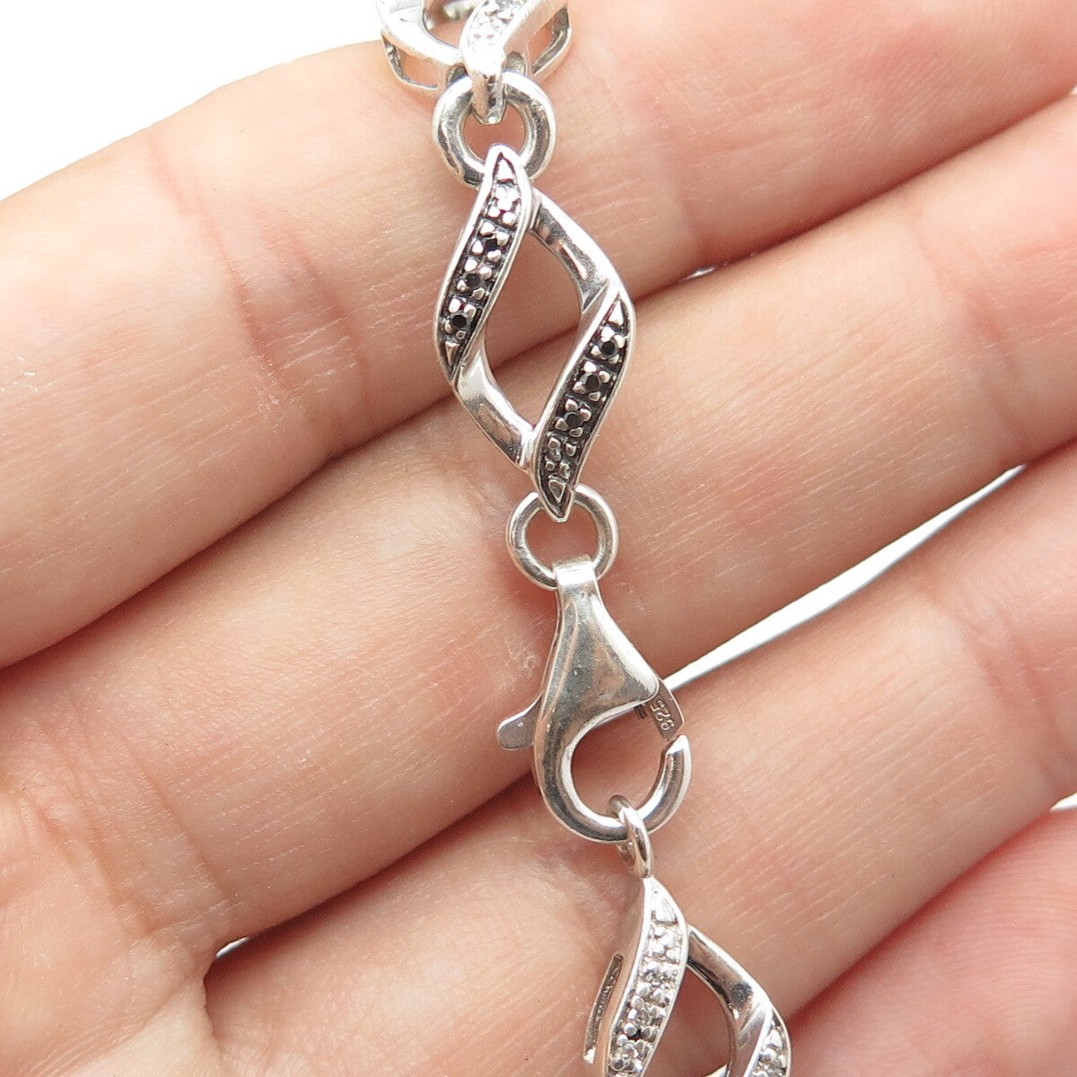 925 Sterling Silver Real White Diamond Twisted Link Bracelet 7.25"