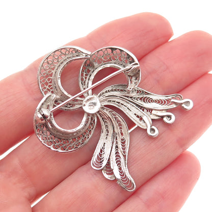 800 Silver Antique Art Deco Real Coral Floral Filigree Pin Brooch