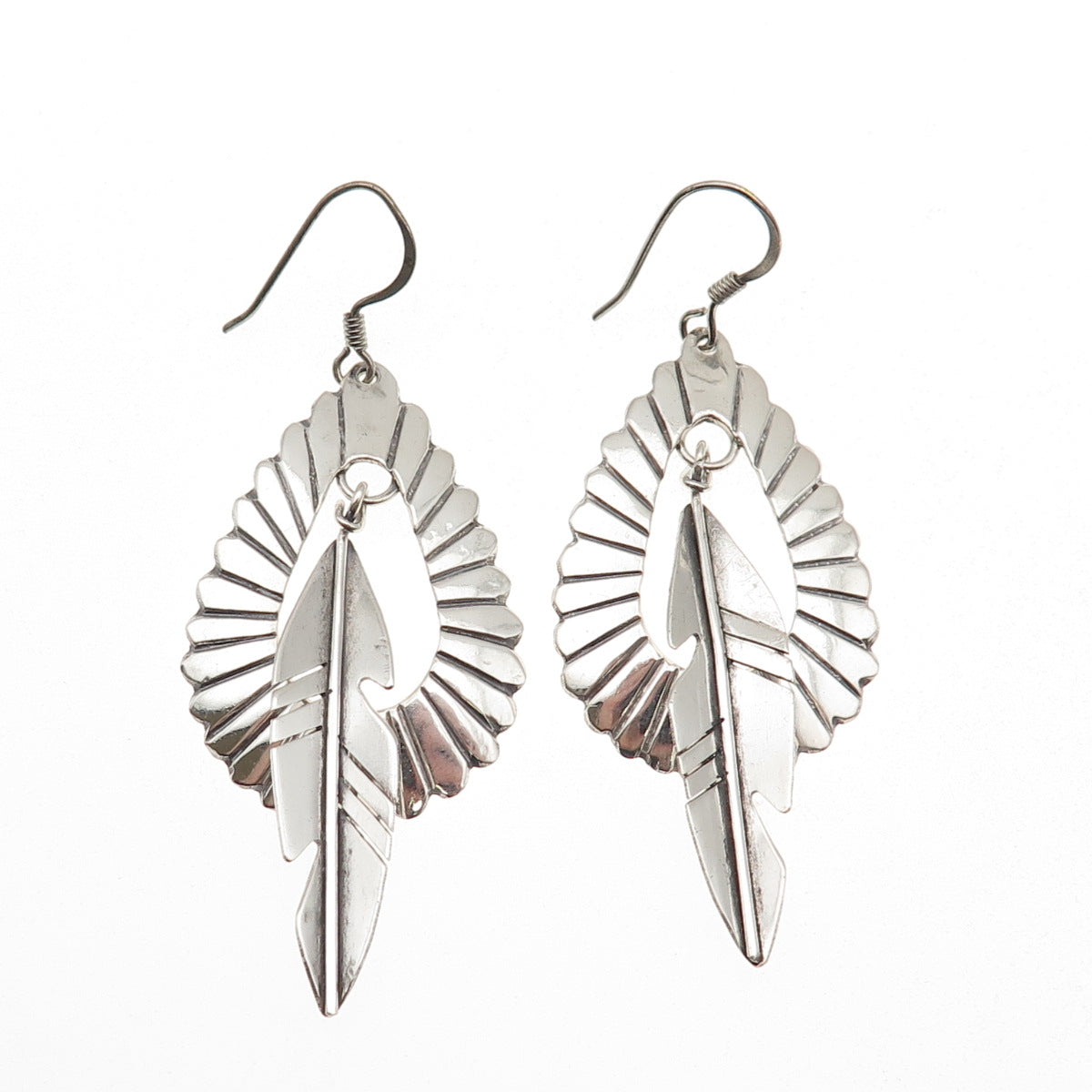 Old Pawn 925 Sterling Silver Vintage Southwestern Feather Tribal Dangle Earrings