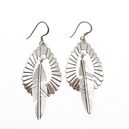 Old Pawn 925 Sterling Silver Vintage Southwestern Feather Tribal Dangle Earrings