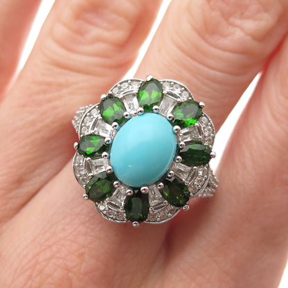 925 Sterling Silver Real Turquoise Peridot & White Topaz Ring Size 8.25