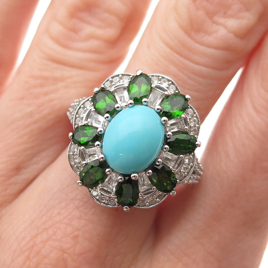 925 Sterling Silver Real Turquoise Peridot & White Topaz Ring Size 8.25