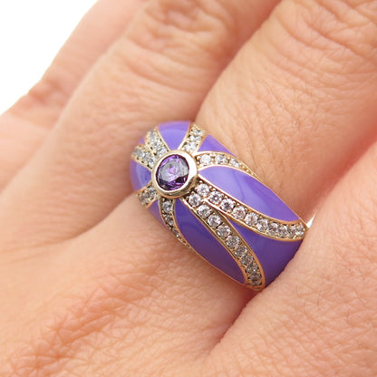 Silvio Hidalgo 925 Sterling Gold Plated Enamel Purple & White C Z Ring Size 8.25