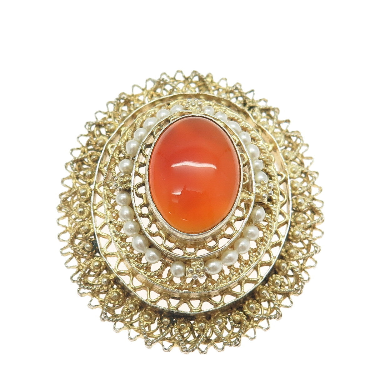 925 Sterling Silver Gold Plated Vintage Israel Carnelian Gem Faux Pearl Pendant