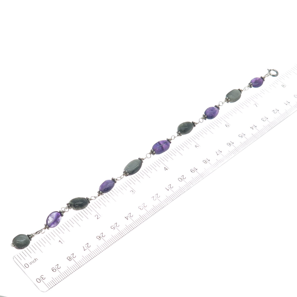 925 Sterling Silver Vintage Real Amethyst & Agate Oxidized Bracelet 7"