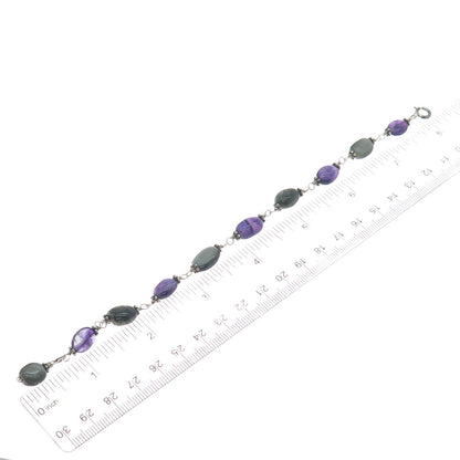 925 Sterling Silver Vintage Real Amethyst & Agate Oxidized Bracelet 7"