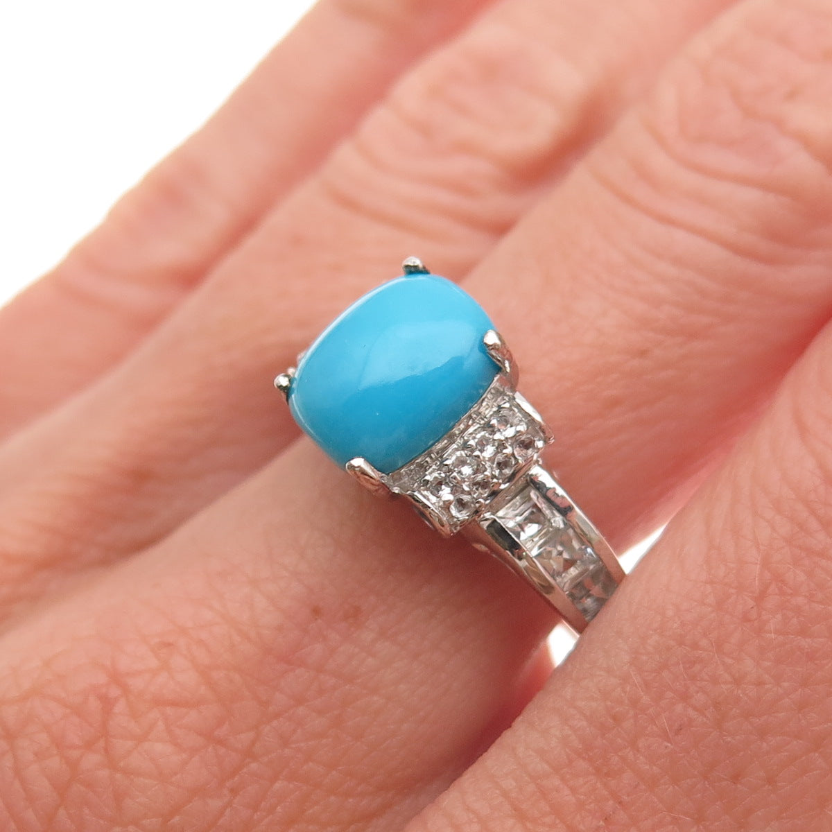 Chuck Clemency 925 Sterling Silver Real Turquoise & White Topaz Ring Size 8