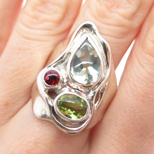HAGIT GORALI Sterling Silver Vintage Green Amethyst Garnet Peridot Ring Size 10