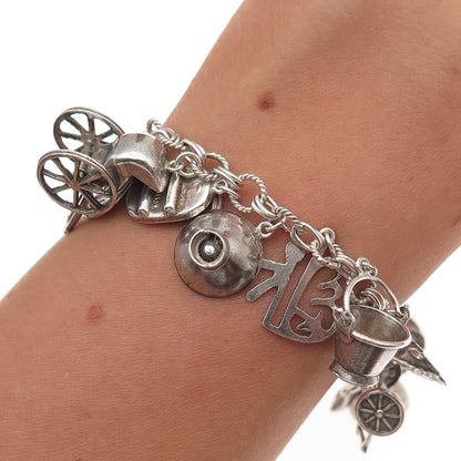 950 Silver Antique Japanese Culture & Travel Dangle Charms Bracelet 7.5"