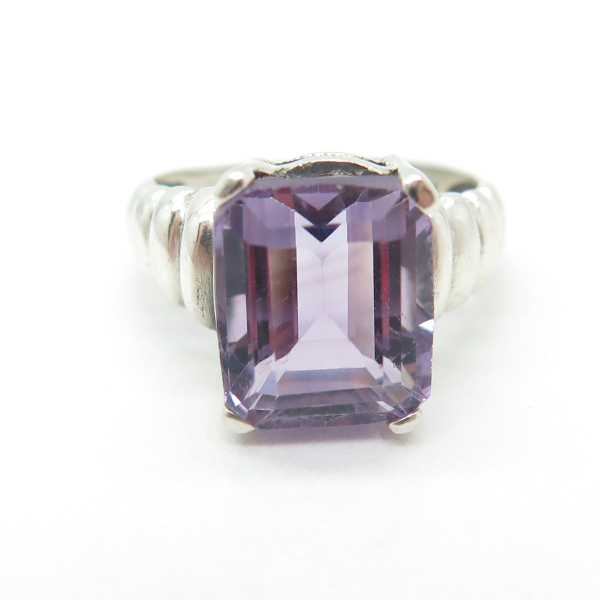 925 Sterling Silver Vintage Real Emerald-Cut Amethyst Ring Size 7