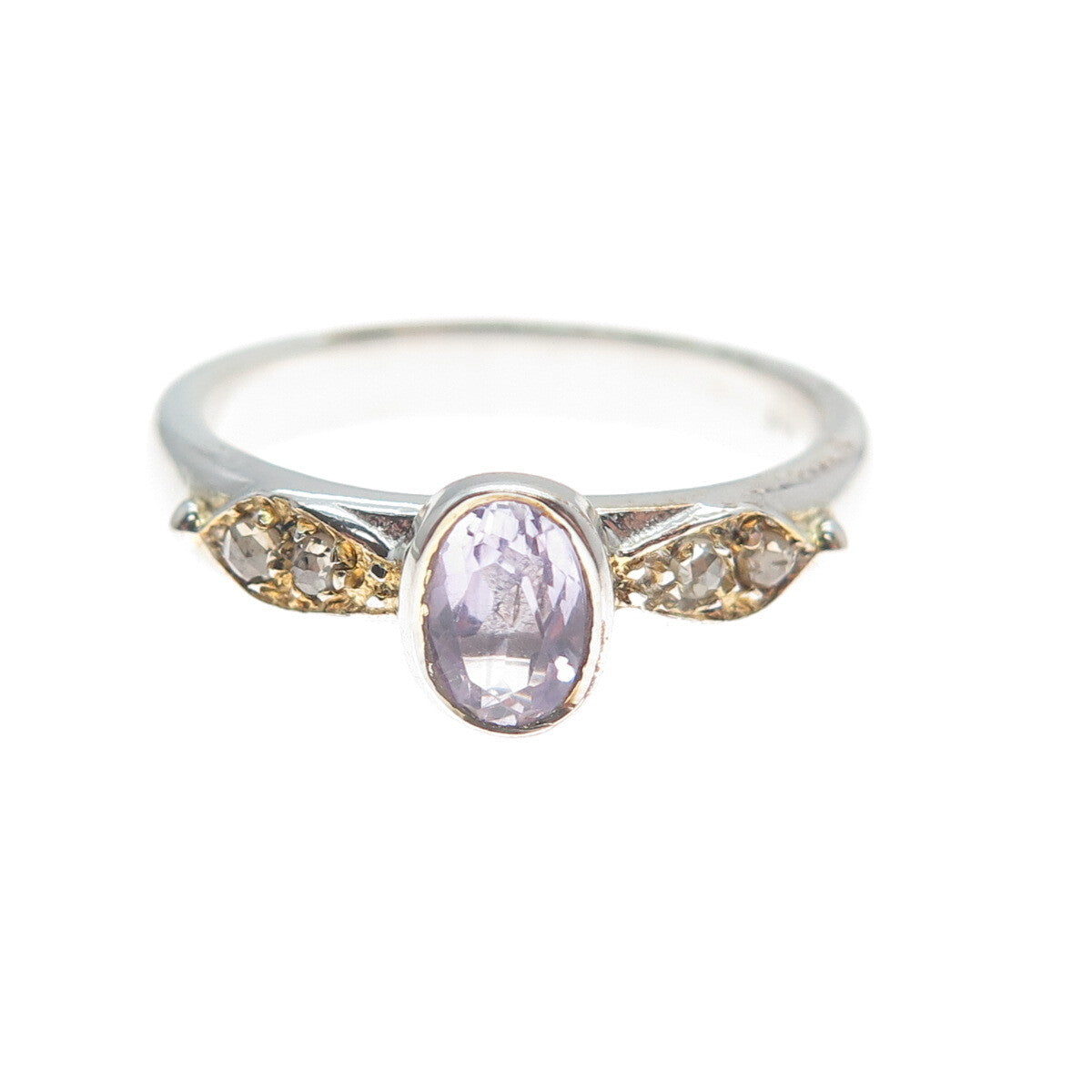 925 Sterling Silver 2-Tone Real Round-Cut Diamond & Purple Topaz Ring Size 8