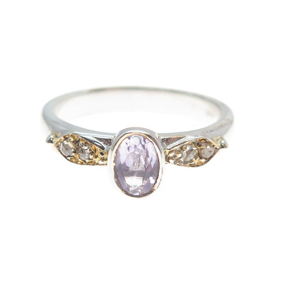 925 Sterling Silver 2-Tone Real Round-Cut Diamond & Purple Topaz Ring Size 8