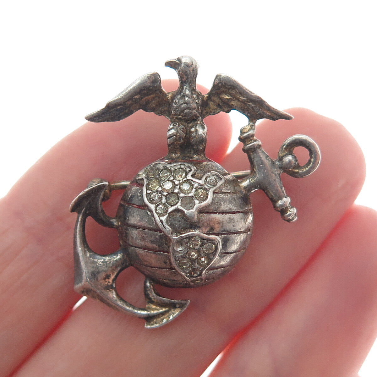 TRIFARI 925 Sterling Silver Antique Rhinestone US Marine Corps Oxidized Brooch