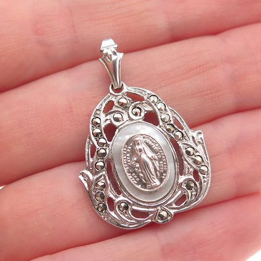 925 Sterling Silver Antique Art Deco Real MOP & Marcasite St. Mary Charm Pendant