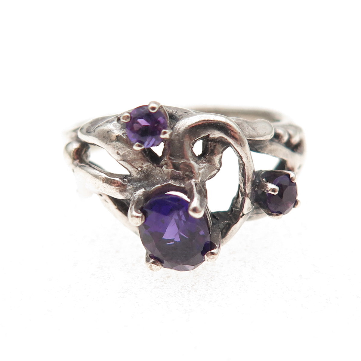 925 Sterling Silver Vintage Real Amethyst Modernist Oxidized Ring Size 7.75