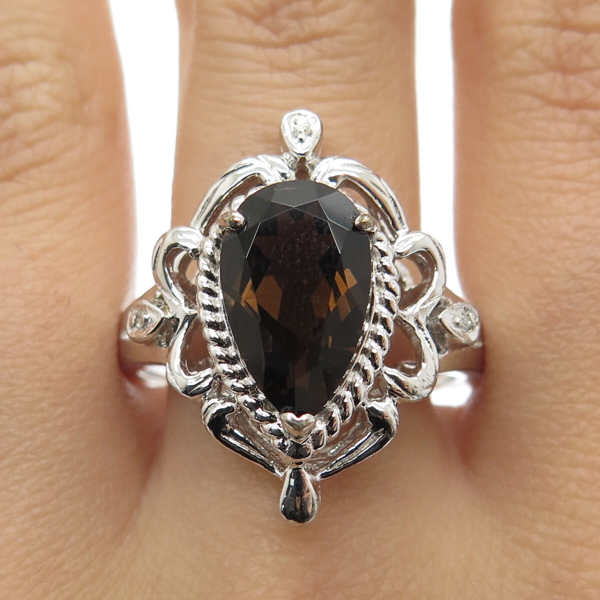 925 Sterling Silver Real White Diamond & Smoky Quartz Ornate Ring Size 10.25