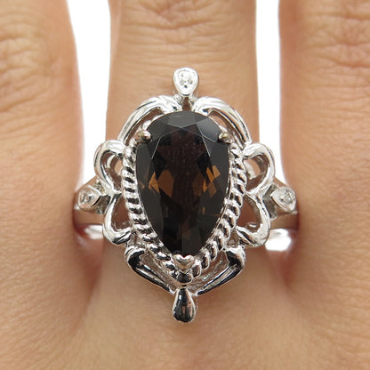 925 Sterling Silver Real White Diamond & Smoky Quartz Ornate Ring Size 10.25