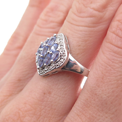 925 Sterling Silver Real Tanzanite & White Topaz Ring Size 8.25
