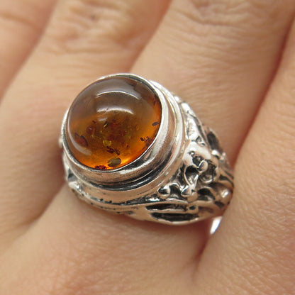 925 Sterling Silver Vintage Real Amber Modernist Ring Size 8.25