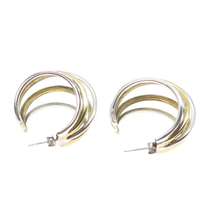 925 Sterling Silver 2-Tone Vintage Mexico Modernist Multi-Row Hoop Earrings