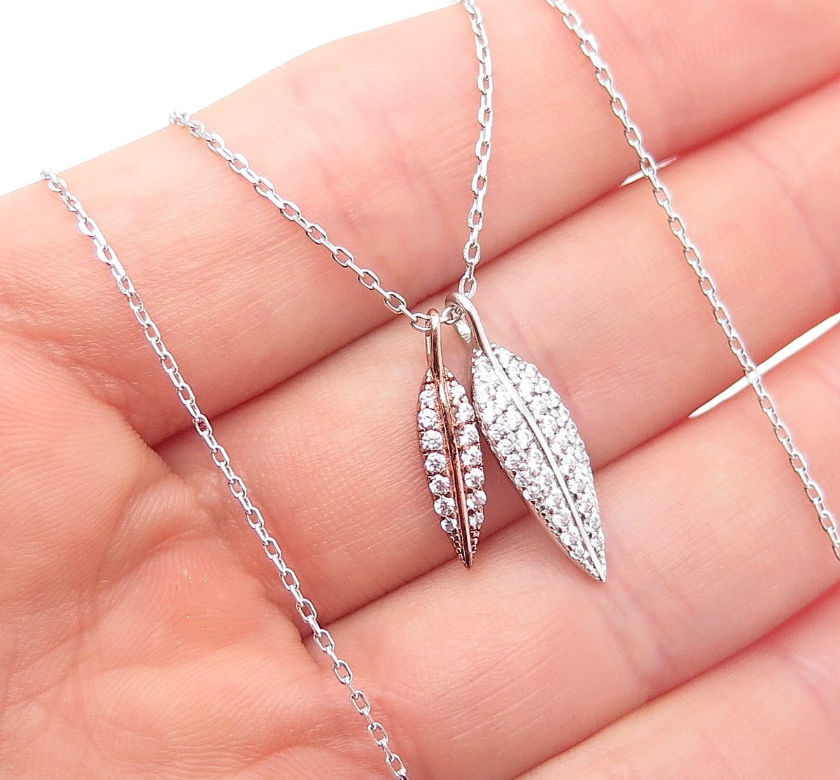 925 Sterling Silver 2-Tone Round-Cut C Z Floral Leaf Cable Chain Necklace 16-18"