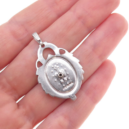 925 Sterling Silver Antique Art Deco Real MOP & Marcasite St. Mary Charm Pendant