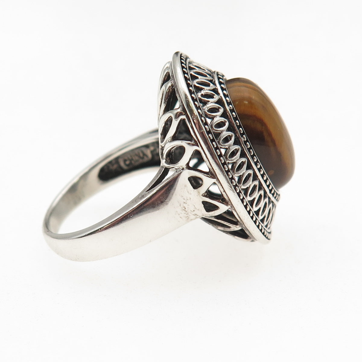 925 Sterling Silver Vintage Real Cabochon Tiger Eye Oxidized Ring Size 6