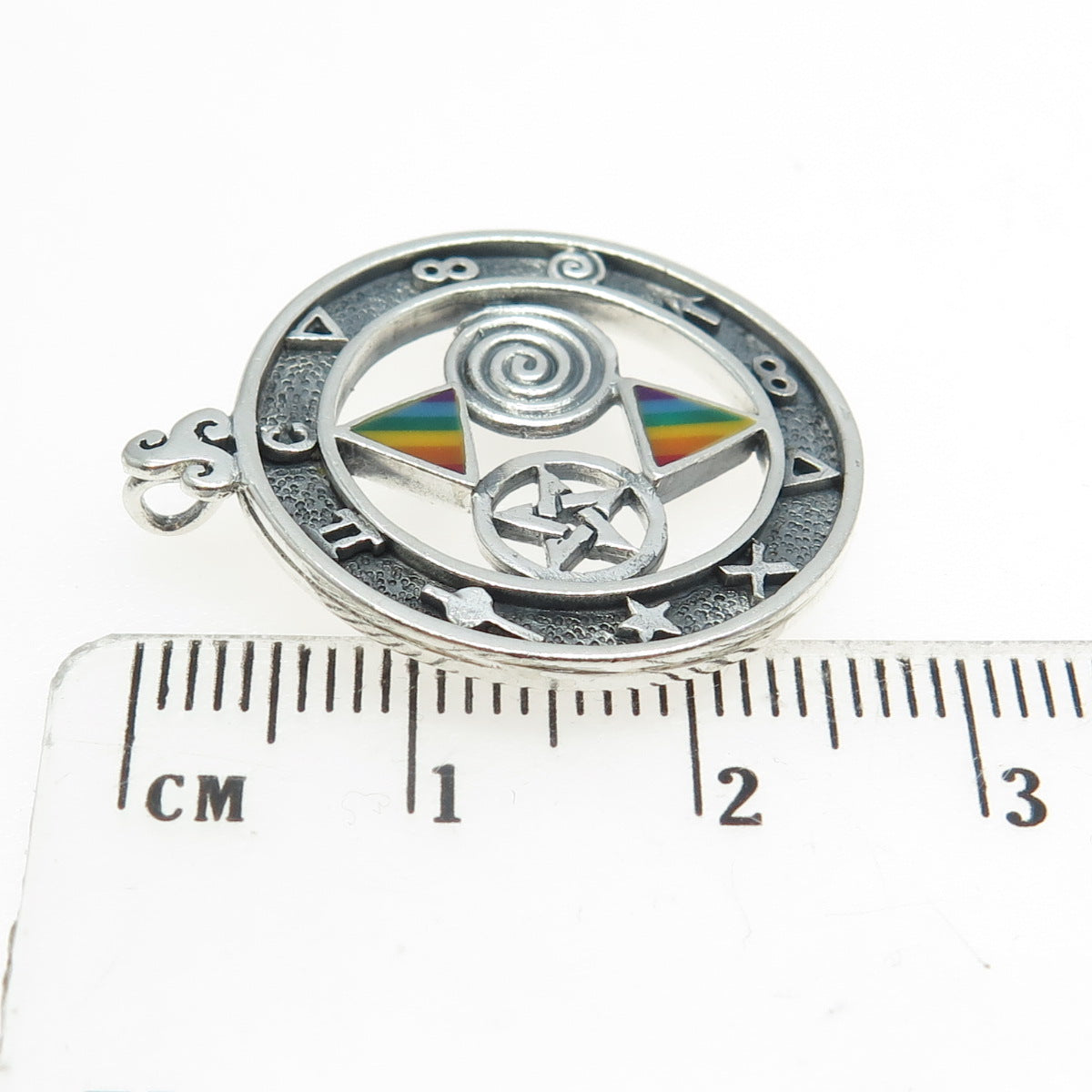 PETER STONE 925 Sterling Silver Vintage Enamel Pentagram Symbols Rainbow Pendant