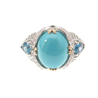 925 Sterling Silver 2-Tone Real Turquoise Blue & White Topaz Ring Size 8.25