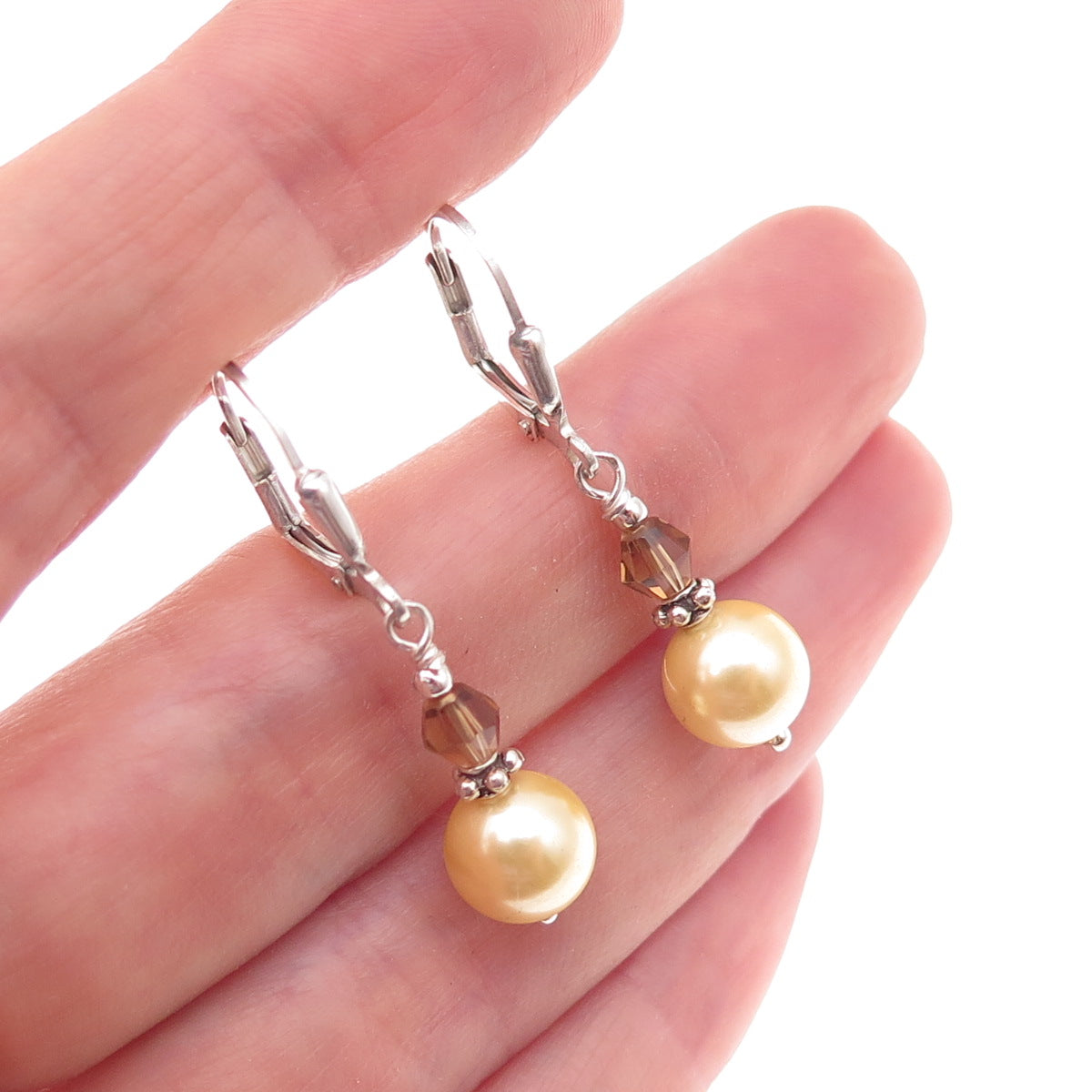 925 Sterling Silver Vintage Faux Pearl & Real Smoky Quartz Dangle Earrings