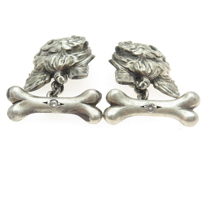 925 Sterling Silver Vintage Real Round-Cut Diamond Yorkshire Terrier Cufflinks