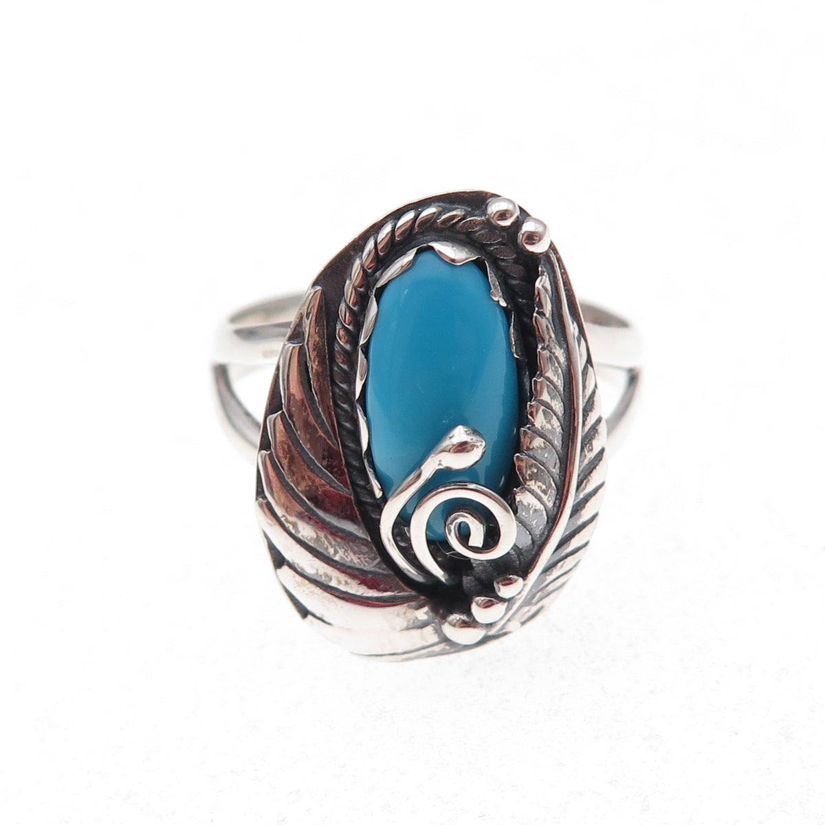 Old Pawn Sterling Silver Vintage Sleeping Beauty Turquoise Feather Ring Size 8.5