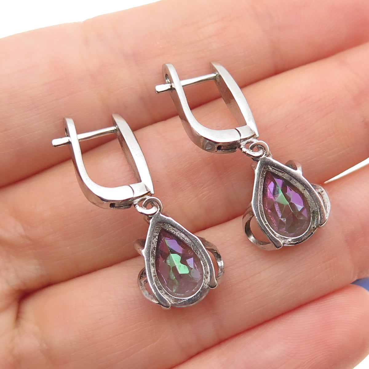 925 Sterling Silver Vintage Real Pear-Cut Mystic Quartz Teardrop Dangle Earrings