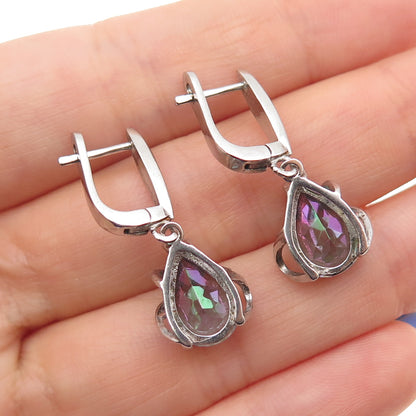 925 Sterling Silver Vintage Real Pear-Cut Mystic Quartz Teardrop Dangle Earrings
