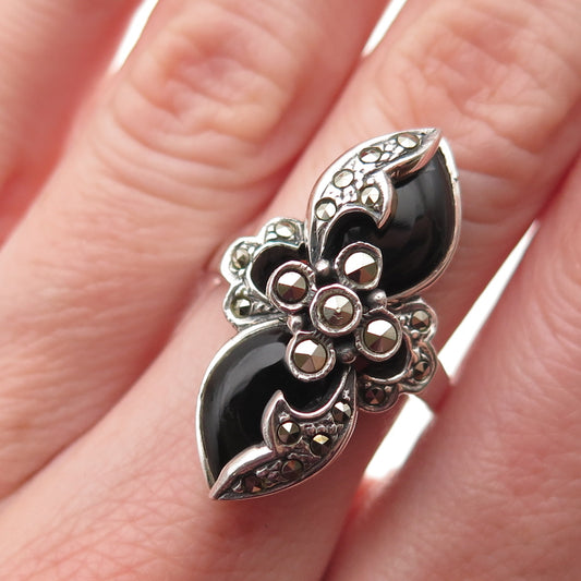 925 Sterling Silver Vintage Real Black Onyx & Marcasite Floral Ring Size 7