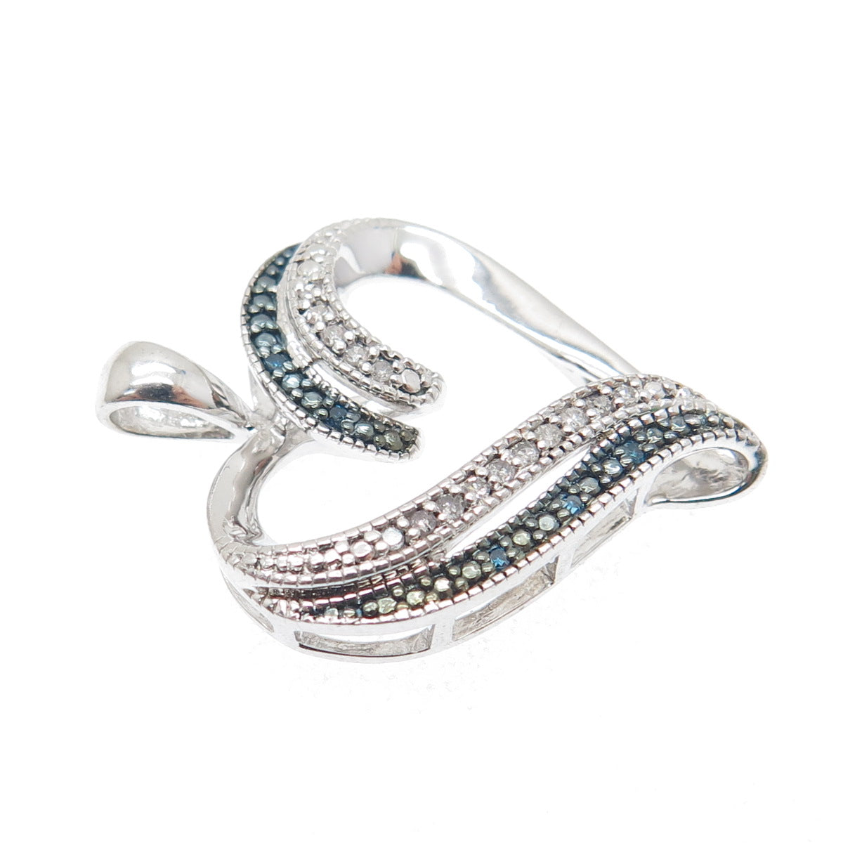 SUN 925 Sterling Silver Real Round-Cut White & Blue Diamond Heart Pendant